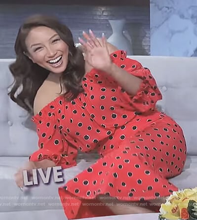 Jeannie's red dot print off shoulder dress on The Real