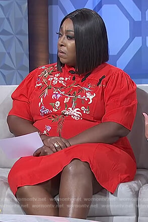 Loni's red floral embroidered mini dress on The Real