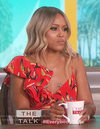 Eve's red floral print ruffle shoulder jumpsuit on The Talk