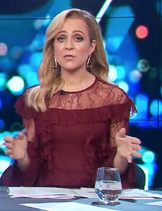 Carrie's red lace ruffle trim dress on The Project