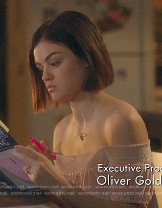 Stella's pink velvet off-shoulder top on Life Sentence