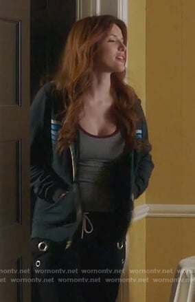 Paige's striped hoodie and black grommet embellished sweatpants on Famous in Love