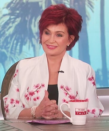 Sharon's white embroidered blossom coat on The Talk