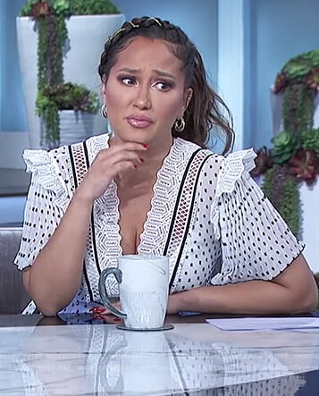 Adrienne's white dot print frill neck dress on The Real