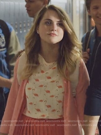 Chloe's white flamingo print tee on 13 Reasons Why