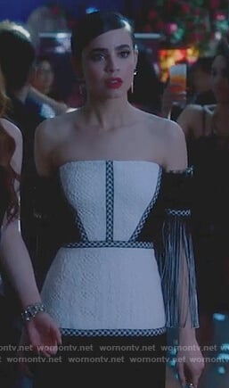 Sloane's off shoulder fringe dress on Famous in Love