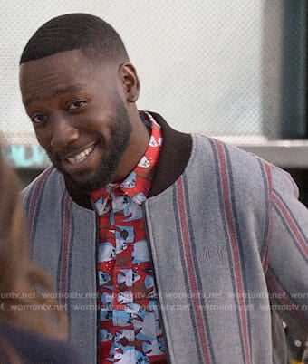 Winston's striped bomber jacket on New Girl