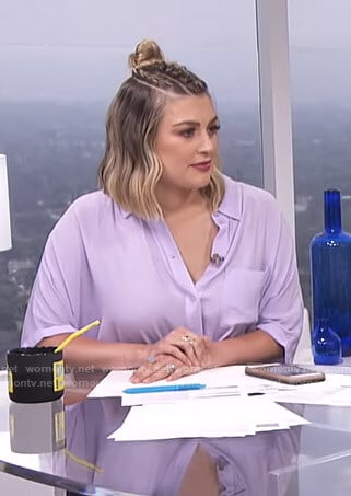 Carissa's purple short sleeve shirt on E! News Daily Pop