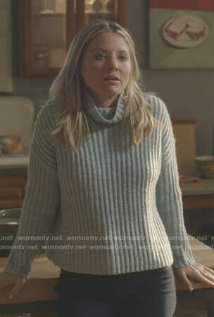 Jessie's blue ribbed turtleneck sweater on Nashville