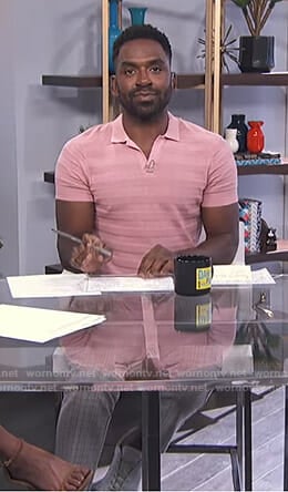 Justin's pink polo shirt and grey grid checked pants on E! News Daily Pop