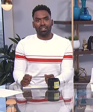 Justin's white striped sweatshirt on E! News Daily Pop