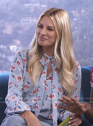 Morgan's blue floral tie neck blouse on E! News Daily Pop