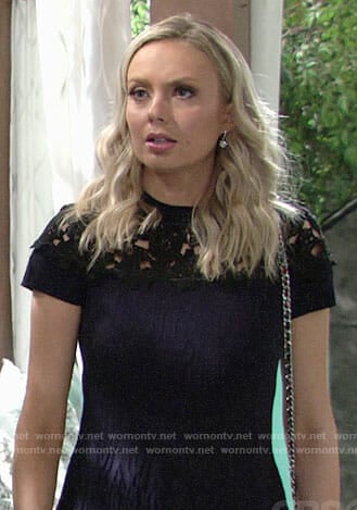 Abby's navy and black lace dress and butterfly heels on The Young and the Restless
