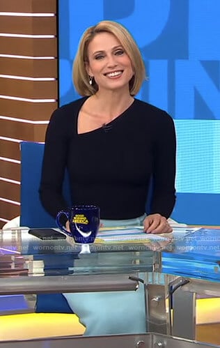Amy's black asymmetric v-neck top and skirt on Good Morning America