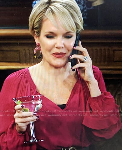 Ava's pink ruffled tie-neck blouse on General Hospital