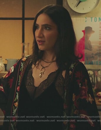 Adena's black floral embroidered kimono on The Bold Type