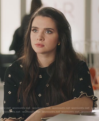 Jane's black embroidered top with ruffle sleeves on The Bold Type