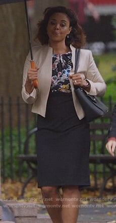 Jasmine's black floral sheath dress with gathered neckline on Instinct