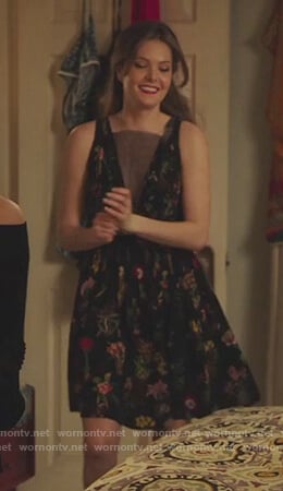 Sutton's black floral dress with mesh panel on The Bold Type