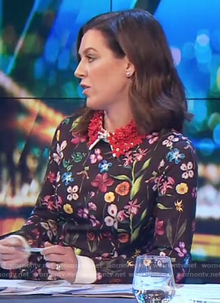 Gorgi's black floral print shirtdress with embellished collar on The Project