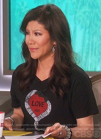 Julie's black Love print t-shirt and green pants on The Talk