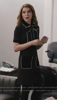Kitty's black pearl embellished bow dress on Dietland