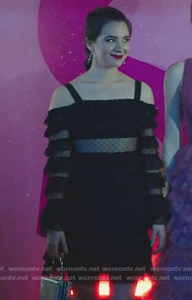 Jane's black ruffle off shoulder lace dress on The Bold Type