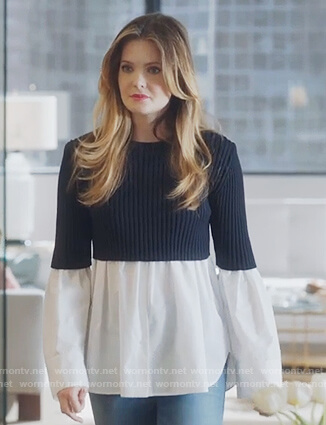 Sutton's mixed fabric layered top on The Bold Type