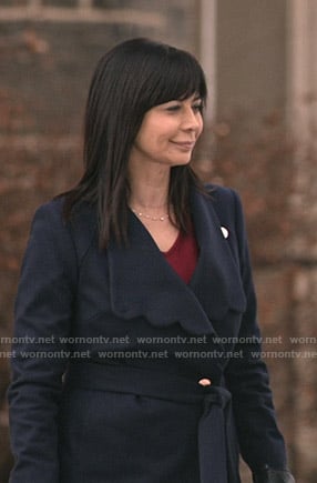 Cassie's navy scalloped wrap coat on Good Witch