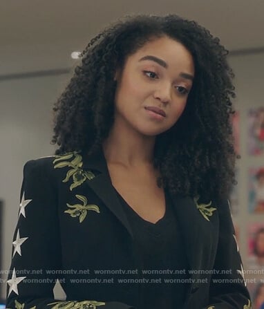 Kat's black embroidered blazer on The Bold Type