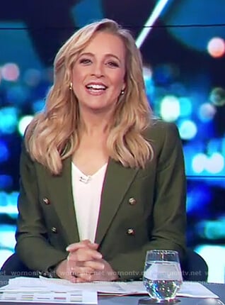 Carrie's green button embellished blazer on The Project