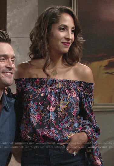 Lily's floral off-shoulder bell sleeve blouse on The Young and the Restless