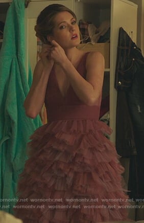 Sutton's pink ruffle deep v-neck dress on The Bold Type