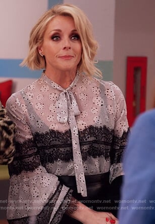 Jacqueline's printed lace trim blouse and leather mini skirt on Unbreakable Kimmy Schmidt
