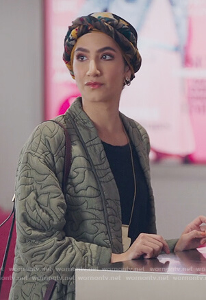 Adena's green quilted kimono jacket on The Bold Type