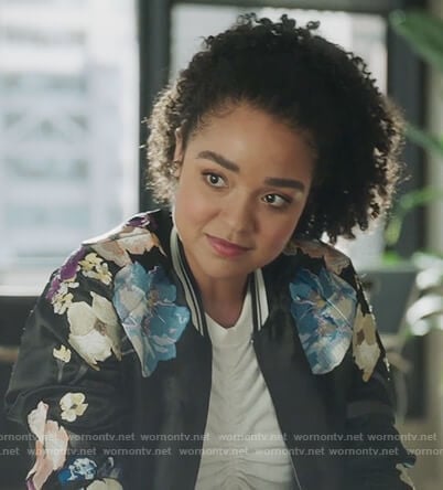 Kat's white ruched top and floral bomber jacket on The Bold Type