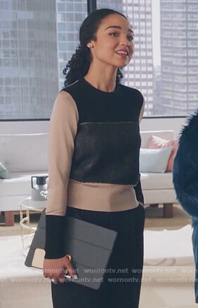 Kat's tan colorblock sweater on The Bold Type