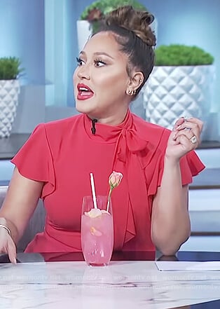 Adrienne's red ruffle front tie neck dress on The Real