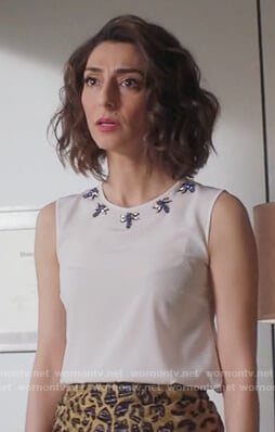 Delia's white dragon fly embellished neckline top on Girlfriends Guide to Divorce