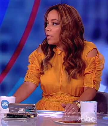 Sunny's yellow cold shoulder ruched sleeve dress on The View