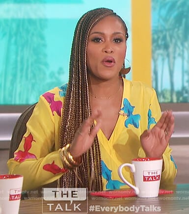 Eve's yellow koi print wrap dress on The Talk