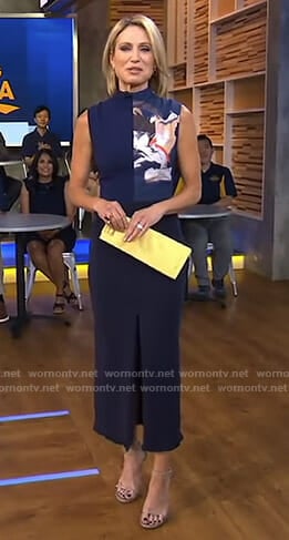 Amy's navy front slit maxi dress on Good Morning America