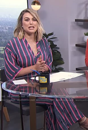 Carissa's navy floral and striped jumpsuit on E! News Daily Pop