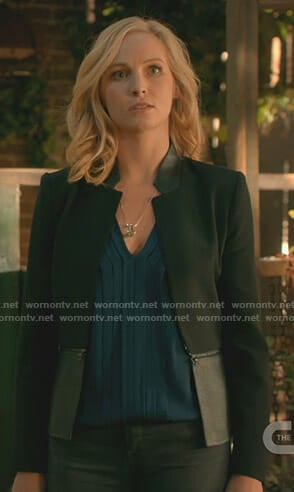 Caroline Forbes's pleated v-neck top and peplum jacket on The Originals
