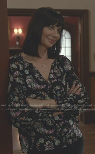 Cassie's black floral paisley print blouse on Good Witch