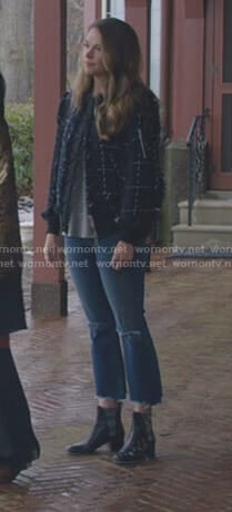 Liza's navy tweed bomber jacket on Younger