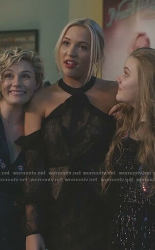 Maddie's black off-shoulder ruffled dress on Nashville