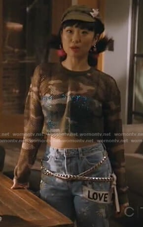 Monica's camo cropped top and Love Me jeans on Take Two