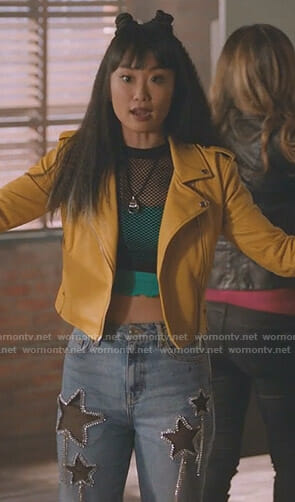 Monica's yellow moto jacket and star embellished jeans on Take two