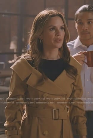 Sam's off shoulder trench coat on Take Two